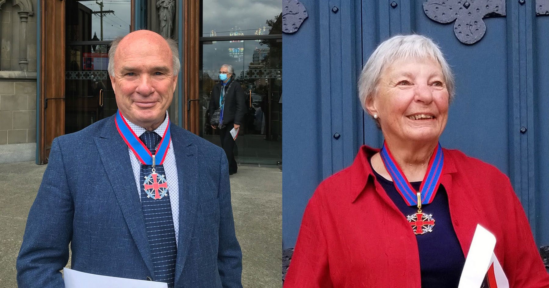 (Left) James “Jim” Moore of St Mary Magdalene, Mayne Island, and (right) Lynne Downes of St Anne and St Edmund, Parksville, wearing their ODBC medals outside the cathedral, following the investiture service.
